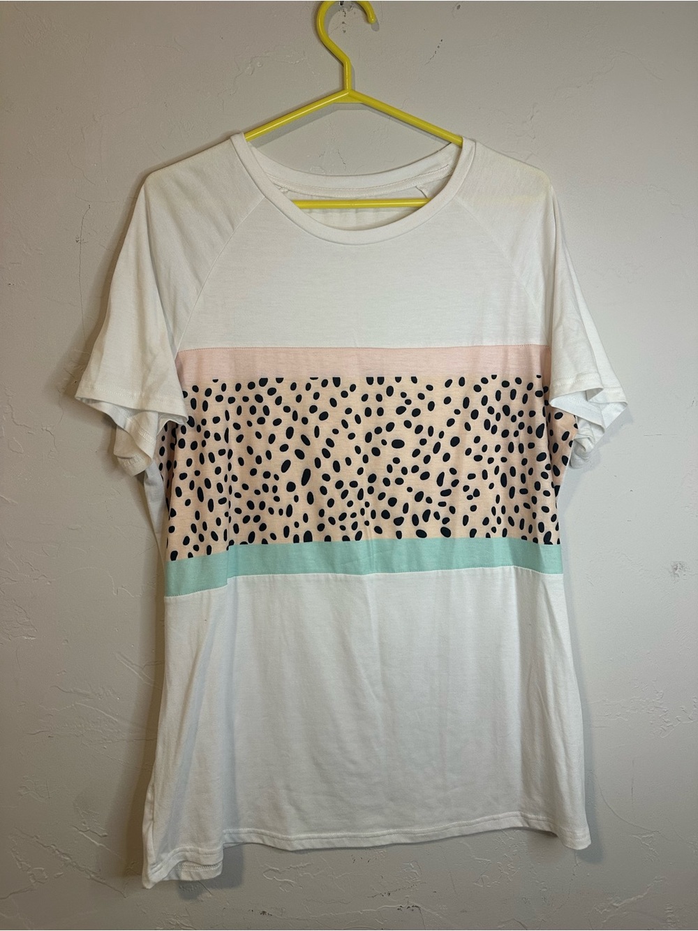Women's White Block-Print Short Sleeve Top with Pink and Mint Accents